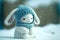 A super cute baby white fairy rabbit wearing a cyan sweater, wearing cyan a hat snowing background.