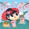Super Cute Cartoon Japanese Kimono Girl At Hot Spring Onsen