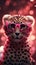 Super cute cheetah in love wearing heart shape pink glasses. Happy Valentine\\\'s day greeting card concept. AI generated image