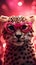Super cute cheetah in love wearing heart shape pink glasses. Happy Valentine\\\'s day greeting card concept. AI generated image