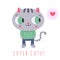 Super cute gray cat in jeans and sweater with speech bubble and heart illustration