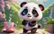 A super cute little panda, with big eyes and a smiling face, is looking at you.