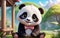 A super cute little panda, with big eyes and a smiling face, is looking at you.