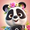 super cute panda with big bright eyes, wearing flowers and colorful garlands