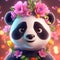 super cute panda with big bright eyes, wearing flowers and colorful garlands