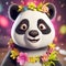 super cute panda with big bright eyes, wearing flowers and colorful garlands