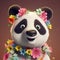 super cute panda with big bright eyes, wearing flowers and colorful garlands