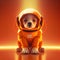 Super cute pet astronaut puppy dog in an orange spacesuit explorer