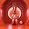 Super cute pet astronaut rabbit in a orange spacesuit in space