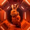 Super cute pet astronaut rabbit in a orange spacesuit in space
