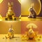 Super cute pet astronaut rabbit in a yellow spacesuit in space