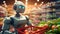 Super cute Robot in the supermarket buying vegetables. Delivery concept. AI generated image