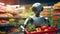 Super cute Robot in the supermarket buying vegetables. Delivery concept. AI generated image