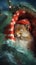 Super cute squirrel wearing knitted Santa hat. Christmas greeting card.