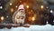 Super cute squirrel wearing knitted Santa hat. Christmas greeting card.