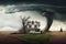 Super Cyclone or Tornado forming destruction over a populated landscape with a home or house on the way. Severe