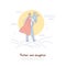 Super dad holding kid in arms back view, young man in cloak with child, parent superhero, happy fatherhood banner