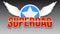 Super dad, red shiny text on horizontal transparent background. Super hero typography with white wings and star for t