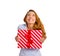 Super excited funky woman with gift box looking up white background