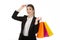 Super excited woman holding shopping bags eyeglasses up