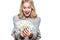 Super excited young woman in grey sweater holding bunch of Euro banknotes, celebrating winning lottery.Woman holding lots of money