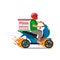 Super fast pizza delivery on a moped on fire wheels. Character young man