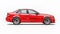 Super fast sports car color red metallic on a white background. Body shape sedan. Tuning is a version of an ordinary family car.