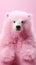 super fluffy pink polar ice bear looking directly at the camera with a soft background