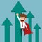 Super hero businessman flying with growth graph.