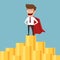 Super hero businessman standing on money stack.