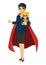 Super hero mom in business suit holding her daughter with her hands and showing thumbs up