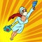 Super hero nurse flying with a vaccine against the virus