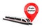 Super High Speed Futuristic Commuter Train near Target Pin Pointer with Train Station Sign. 3d Rendering