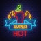 Super hot pepper- Neon Sign Vector on brick wall background