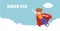 Super Kid Banner, Cute Boy in Superhero Costume and Mask Flying in Sky Vector Illustration