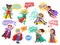 Super kids with comic speech bubbles. Children with color capes and masks. Funny brave boys and girls characters in