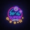 Super loto neon sign. Bingo lotto logo in a neon style, bright symbol, lototron, neon banner, bright night advertising