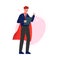 Super Man in Red Waving Cape Raising Up His Finger Giving Advice, Successful Superhero Business Person Character