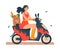 Super mom vector illustration, cartoon flat beautiful young mother in superhero costume riding motorbike or scooter