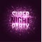 Super night party. Bright purple flash with rays of light and glare bokeh. Purple dust in the night. Flying musical notes. Festive