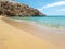Super Paradise empty sandy beach Mykonos island, Cyclades Greece
