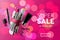 Super Sale cosmetics banner for shopping season, makeup, accessories, equipment, beauty, facial, fashion. Vector