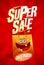 Super sale, crazy prices poster design with cartoon shopping bag