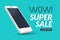 Super sale phone banner. Mobile clearance sale discount poster.