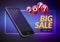 Super sale phone banner. Mobile clearance sale discount poster. End of year smartphone sale. Marketing special offer promotion