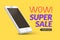 Super sale phone banner. Mobile clearance sale discount poster. Smartphone sale. Marketing special offer promotion