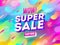 Super sale promotion design. Three-dimensional letters against a multicolored abstract background.