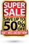 Super sale save up to 50% off golden label with red ribbon,vector illustration