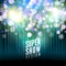 Super show poster template with bokeh lights. Greeting, theater, concert, musical dance, presentation. Beautiful scene