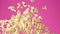 Super slow motion popcorn flies on a pink background.Filmed on a high-speed camera at 1000 fps.